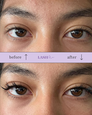 LashMi MangaMi Press-On Pre-Glued Lashes shown on a model with natural eye makeup, featuring long, wispy synthetic lash strands.